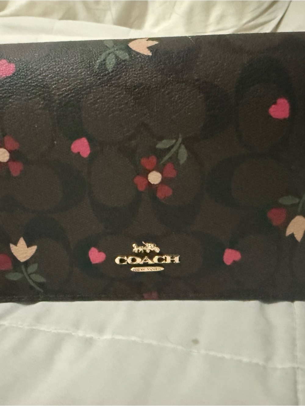 Coach Brown Signature Floral Heart Wallet with Gold Logo
